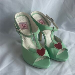 Pinup Couture Mint Green Heels with Red Heart Accent